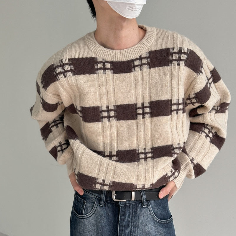 CREWNECK PLAID KNIT SWEATER - INTOHYPEZONE