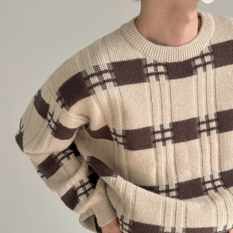 CREWNECK PLAID KNIT SWEATER - INTOHYPEZONE