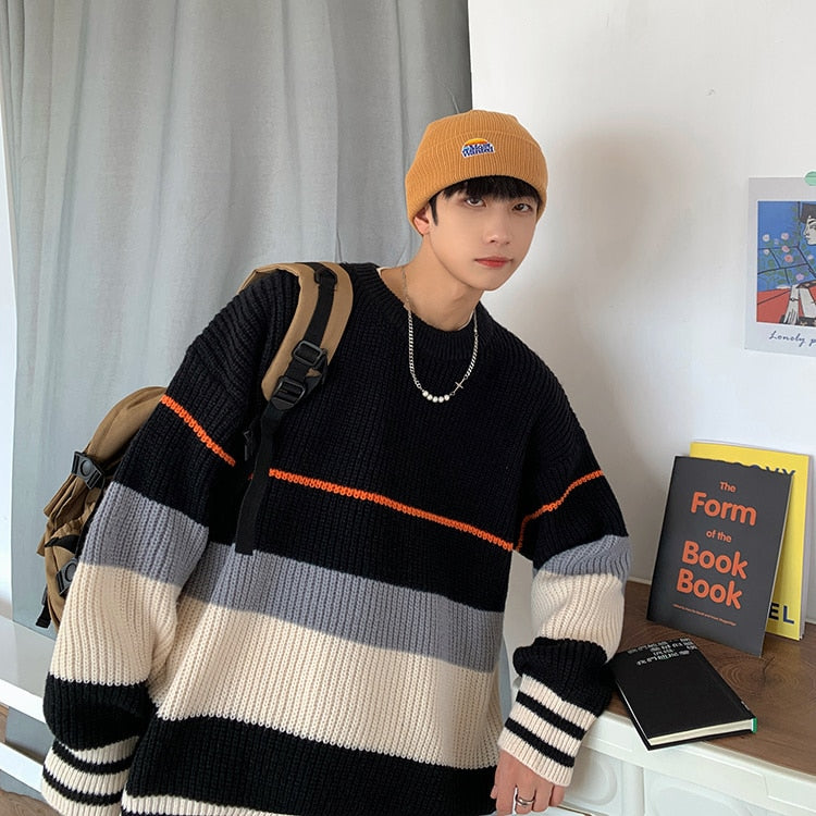LOOSE STRIPED KNITTED SWEATER - INTOHYPEZONE