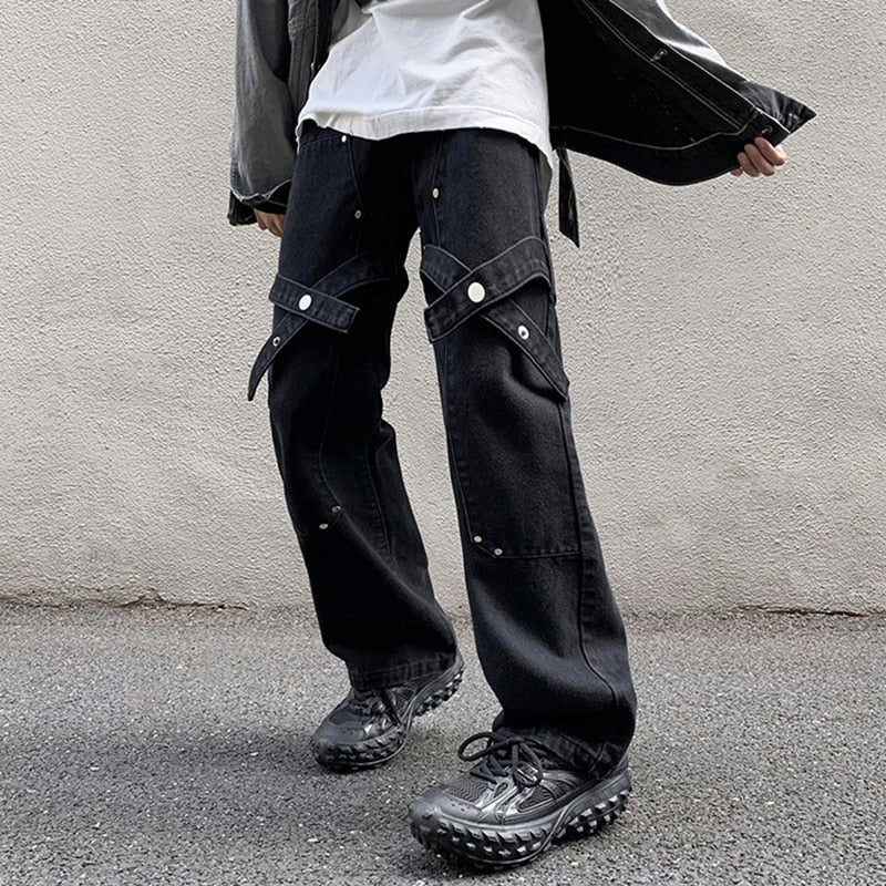 KNEE STRAP DENIM PANTS - INTOHYPEZONE