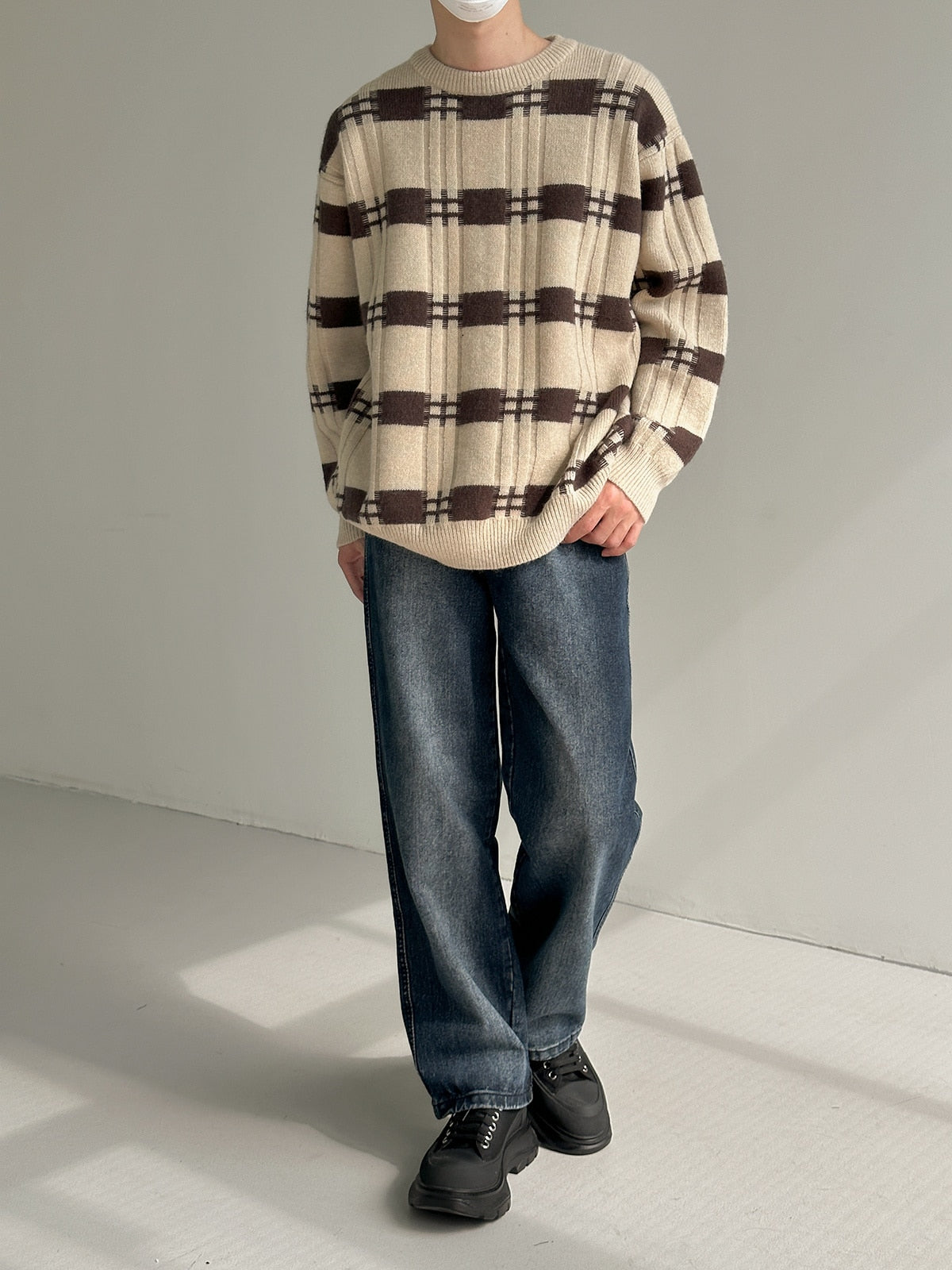 CREWNECK PLAID KNIT SWEATER - INTOHYPEZONE