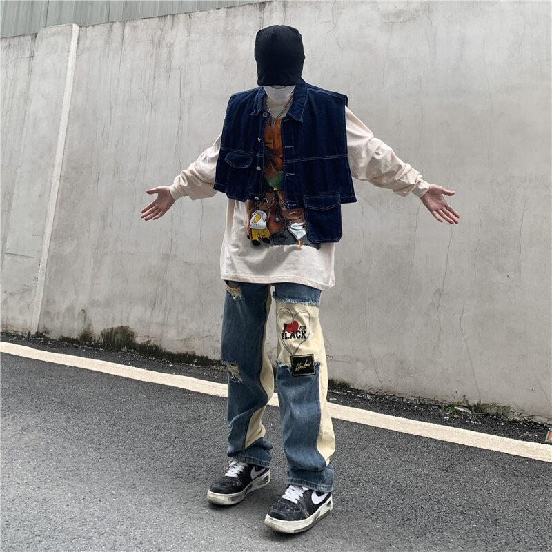 RIPPED PATCHWORK DENIM PANTS - INTOHYPEZONE