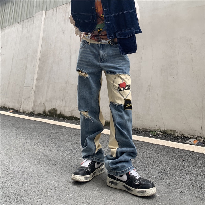 RIPPED PATCHWORK DENIM PANTS - INTOHYPEZONE