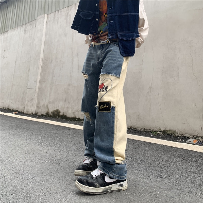 RIPPED PATCHWORK DENIM PANTS - INTOHYPEZONE