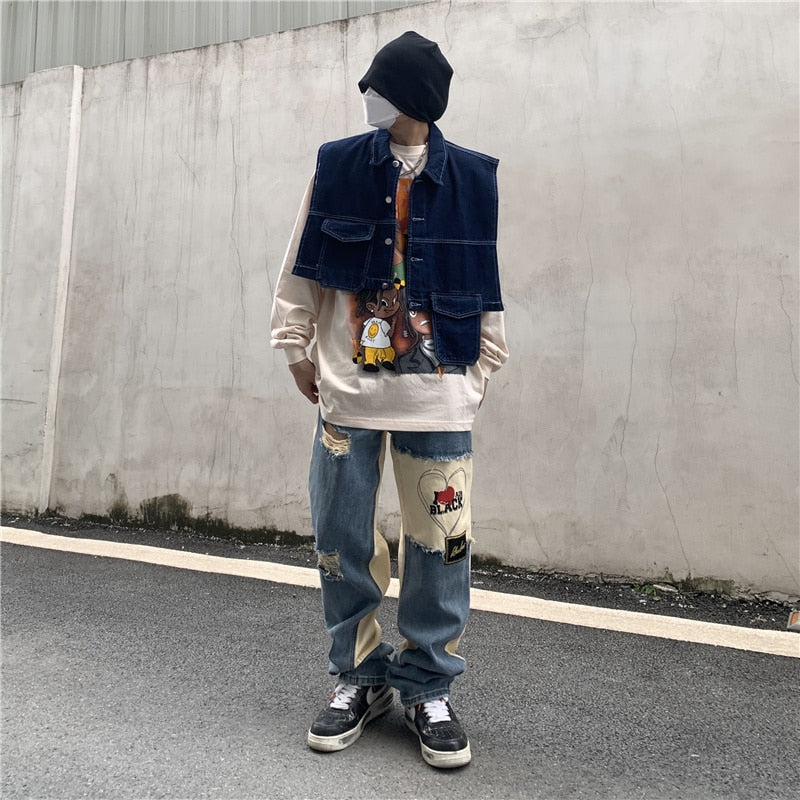 RIPPED PATCHWORK DENIM PANTS - INTOHYPEZONE