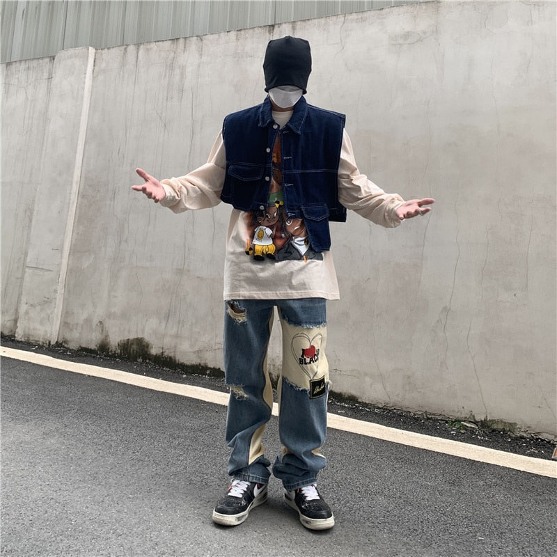 RIPPED PATCHWORK DENIM PANTS - INTOHYPEZONE