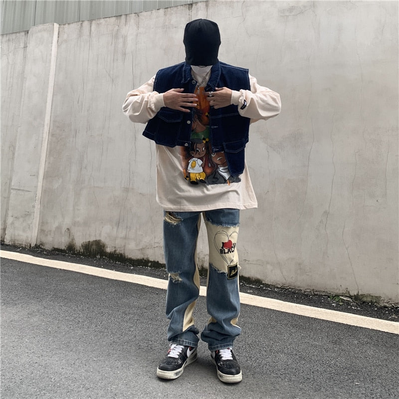 RIPPED PATCHWORK DENIM PANTS - INTOHYPEZONE