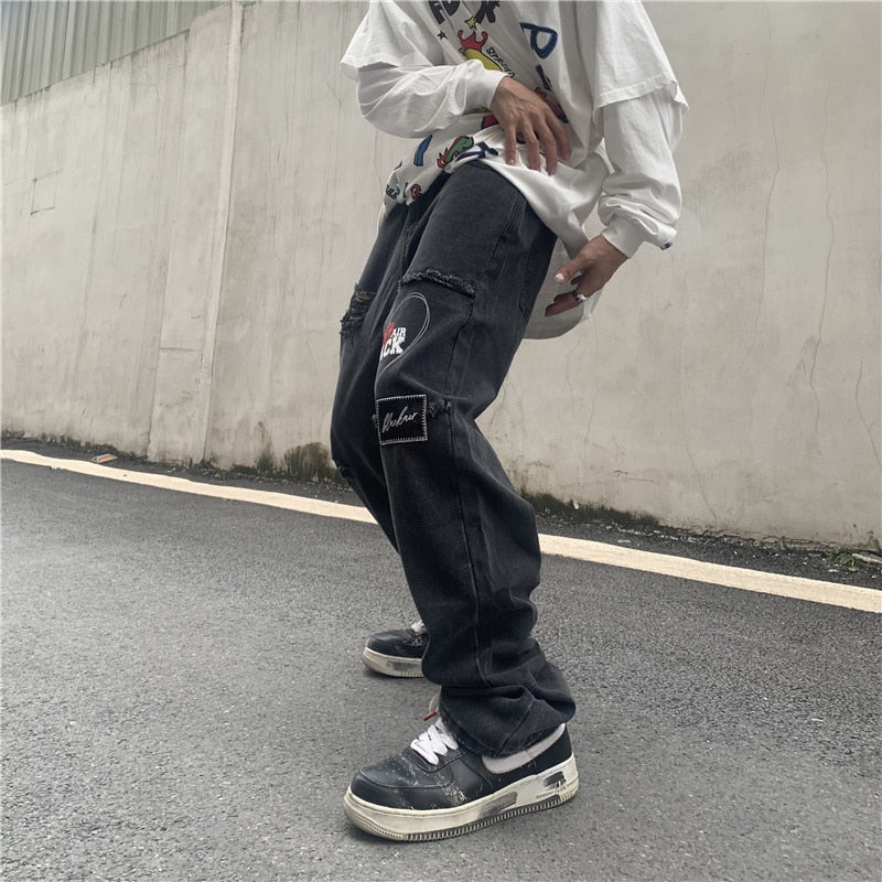 RIPPED PATCHWORK DENIM PANTS - INTOHYPEZONE