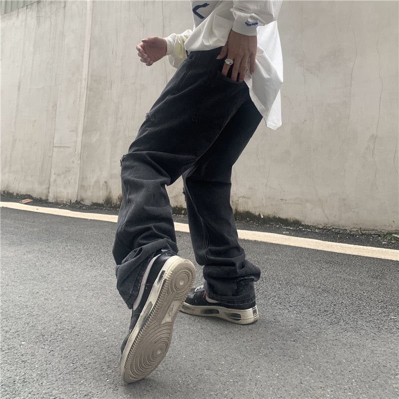 RIPPED PATCHWORK DENIM PANTS - INTOHYPEZONE