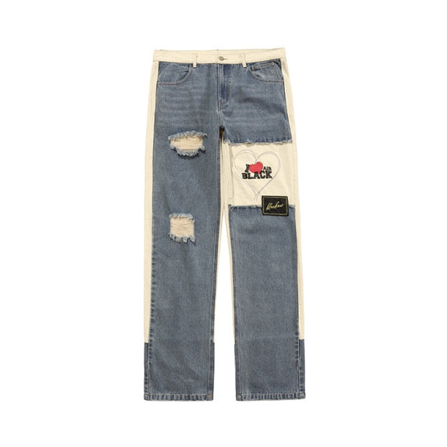 RIPPED PATCHWORK DENIM PANTS - INTOHYPEZONE