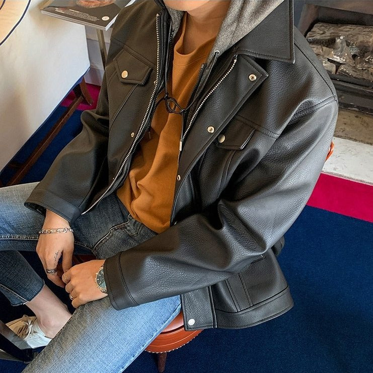 DETACHABLE HOODED LEATHER JACKET - INTOHYPEZONE