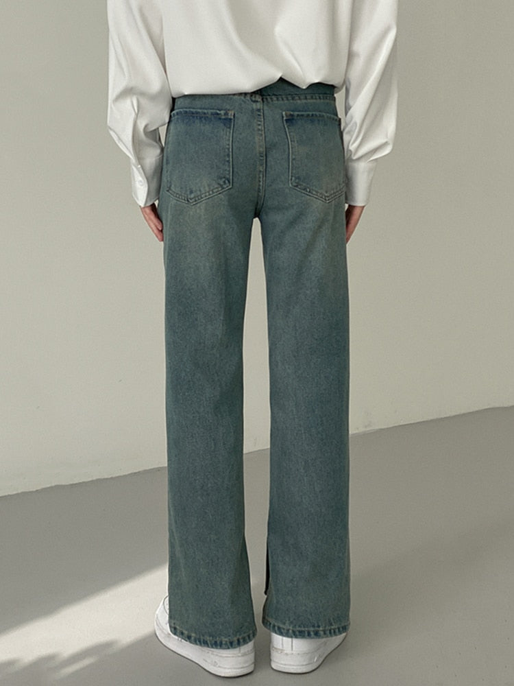 BOTTOM SLIT STRAIGHT DENIM PANTS - INTOHYPEZONE