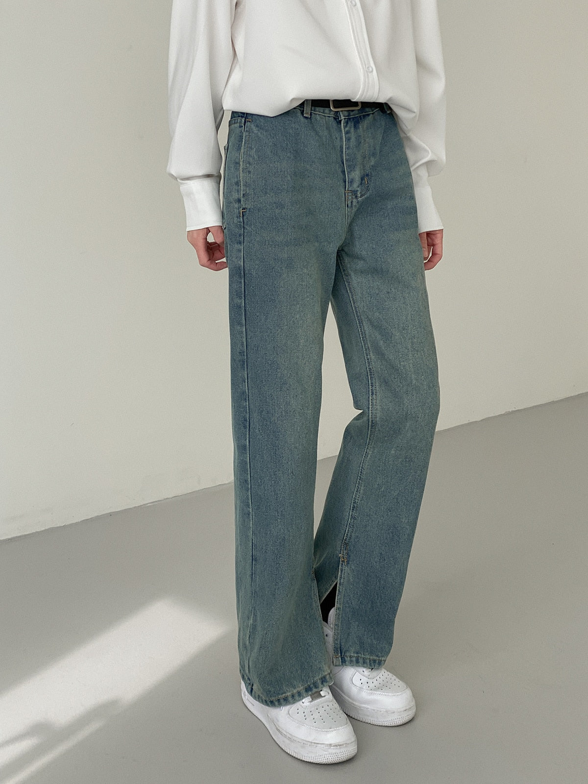BOTTOM SLIT STRAIGHT DENIM PANTS - INTOHYPEZONE