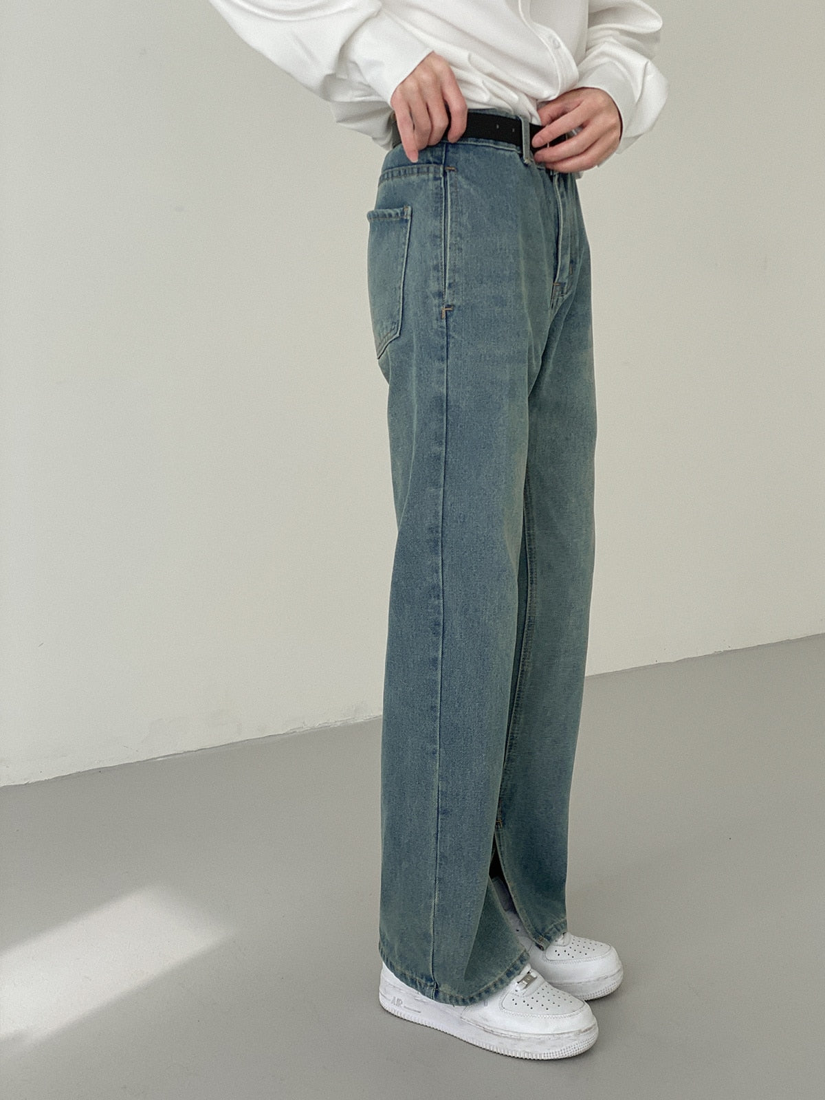 BOTTOM SLIT STRAIGHT DENIM PANTS - INTOHYPEZONE