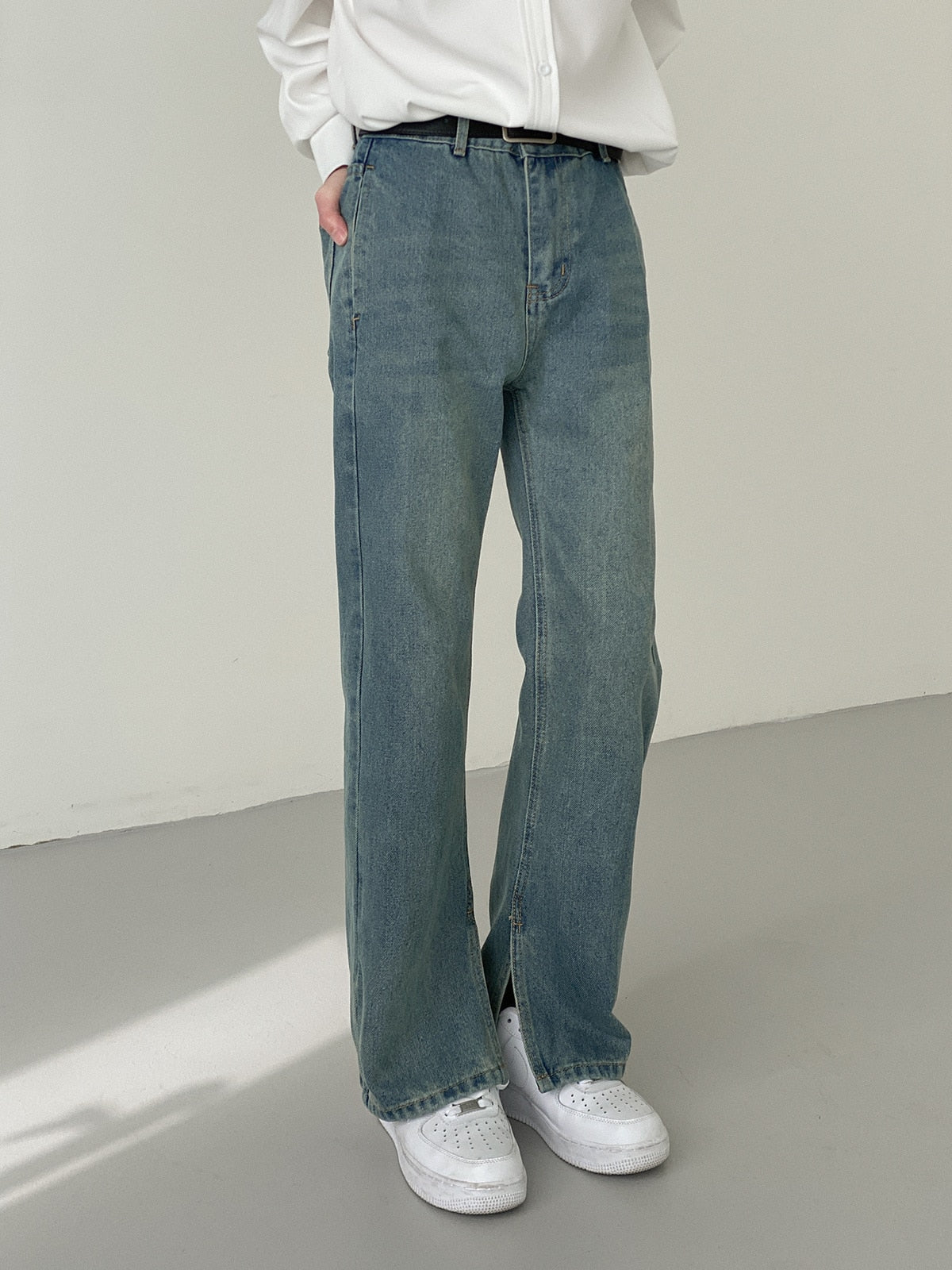 BOTTOM SLIT STRAIGHT DENIM PANTS - INTOHYPEZONE