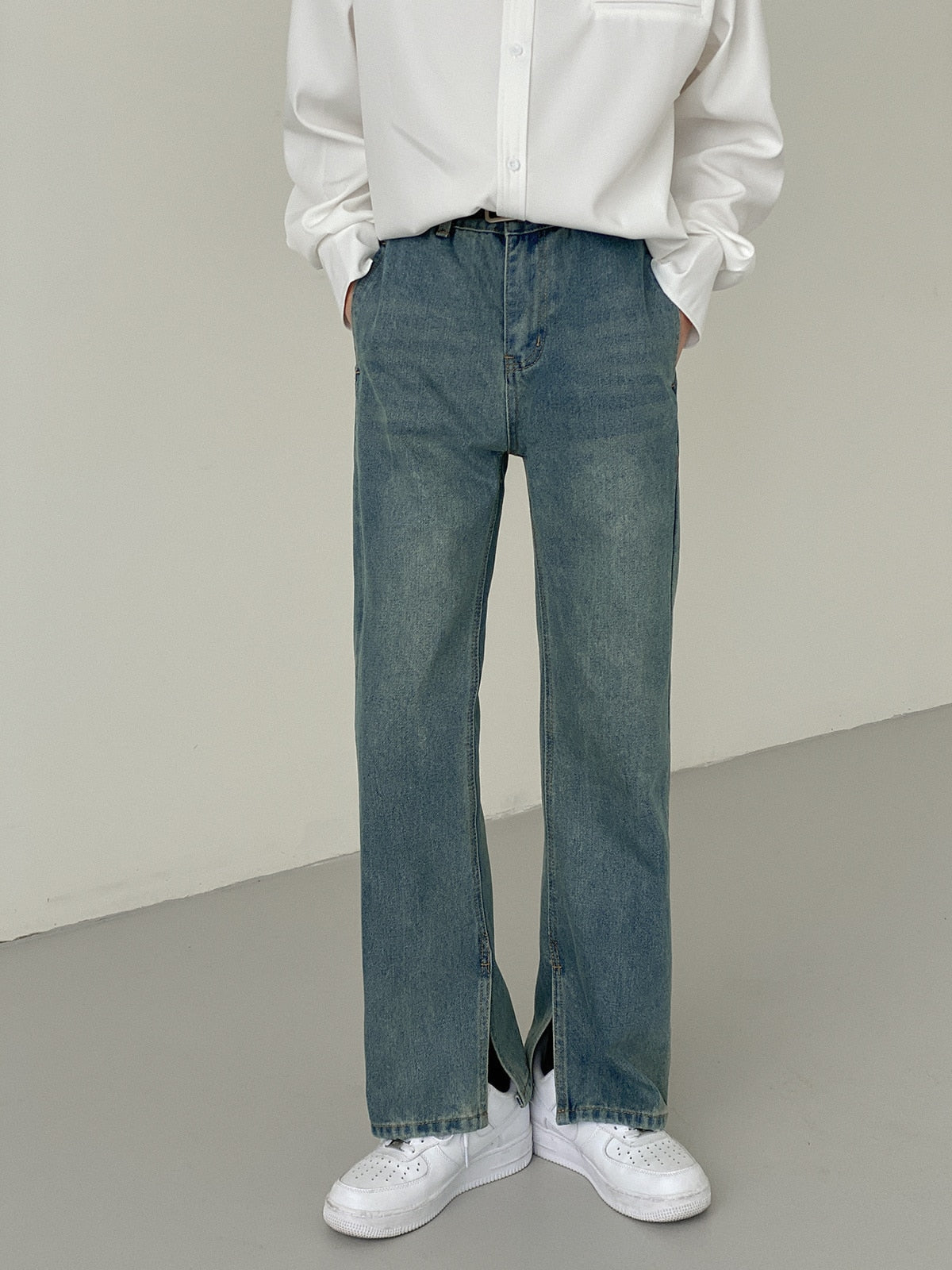 BOTTOM SLIT STRAIGHT DENIM PANTS - INTOHYPEZONE