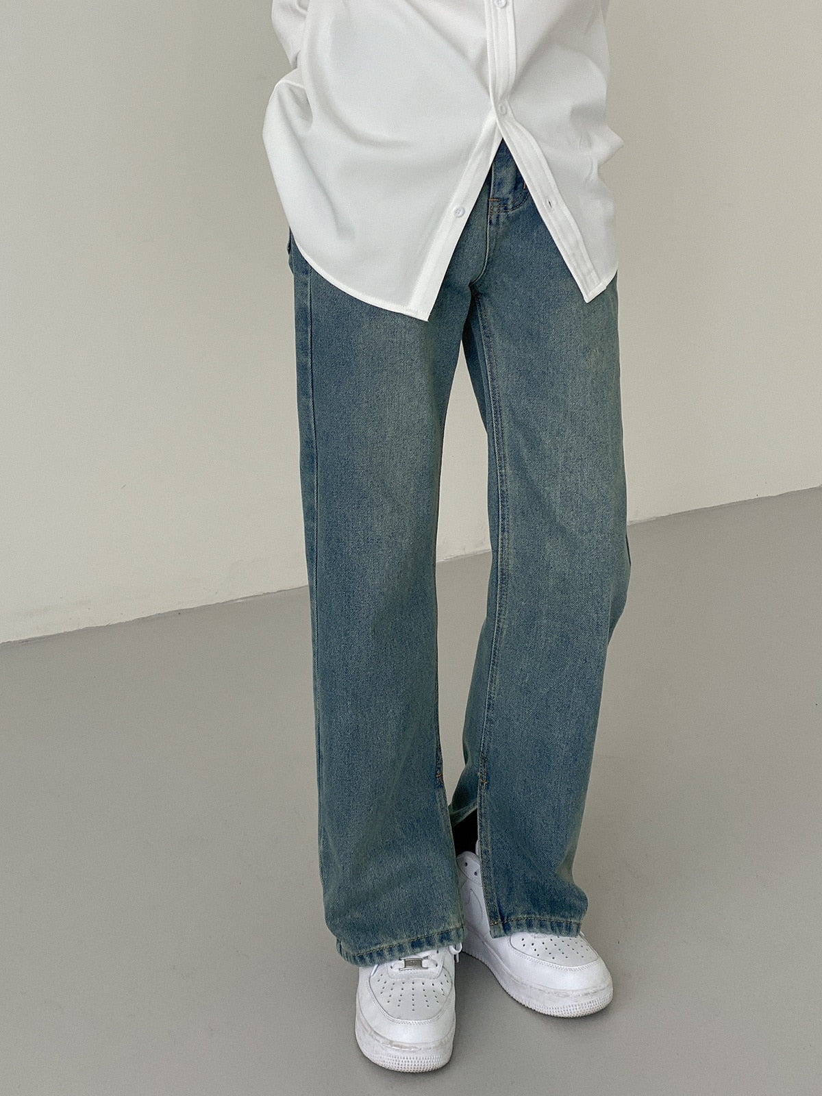 BOTTOM SLIT STRAIGHT DENIM PANTS - INTOHYPEZONE