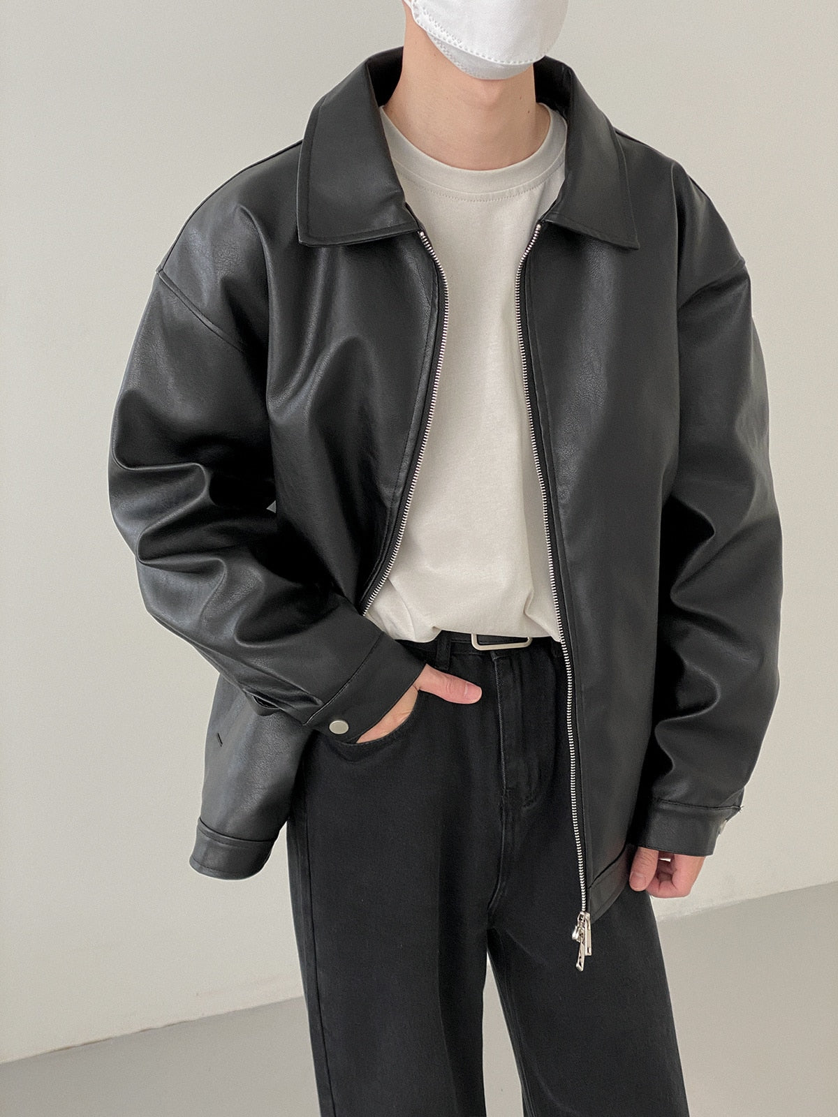 BASIC COLLARED LEATHER JACKET - INTOHYPEZONE