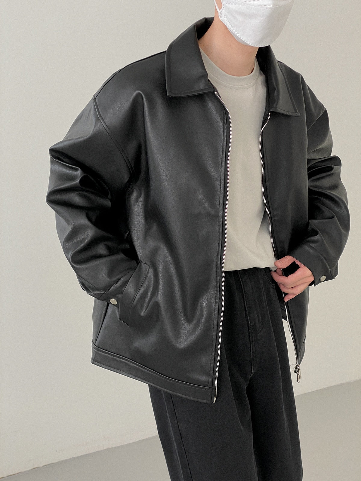 BASIC COLLARED LEATHER JACKET - INTOHYPEZONE