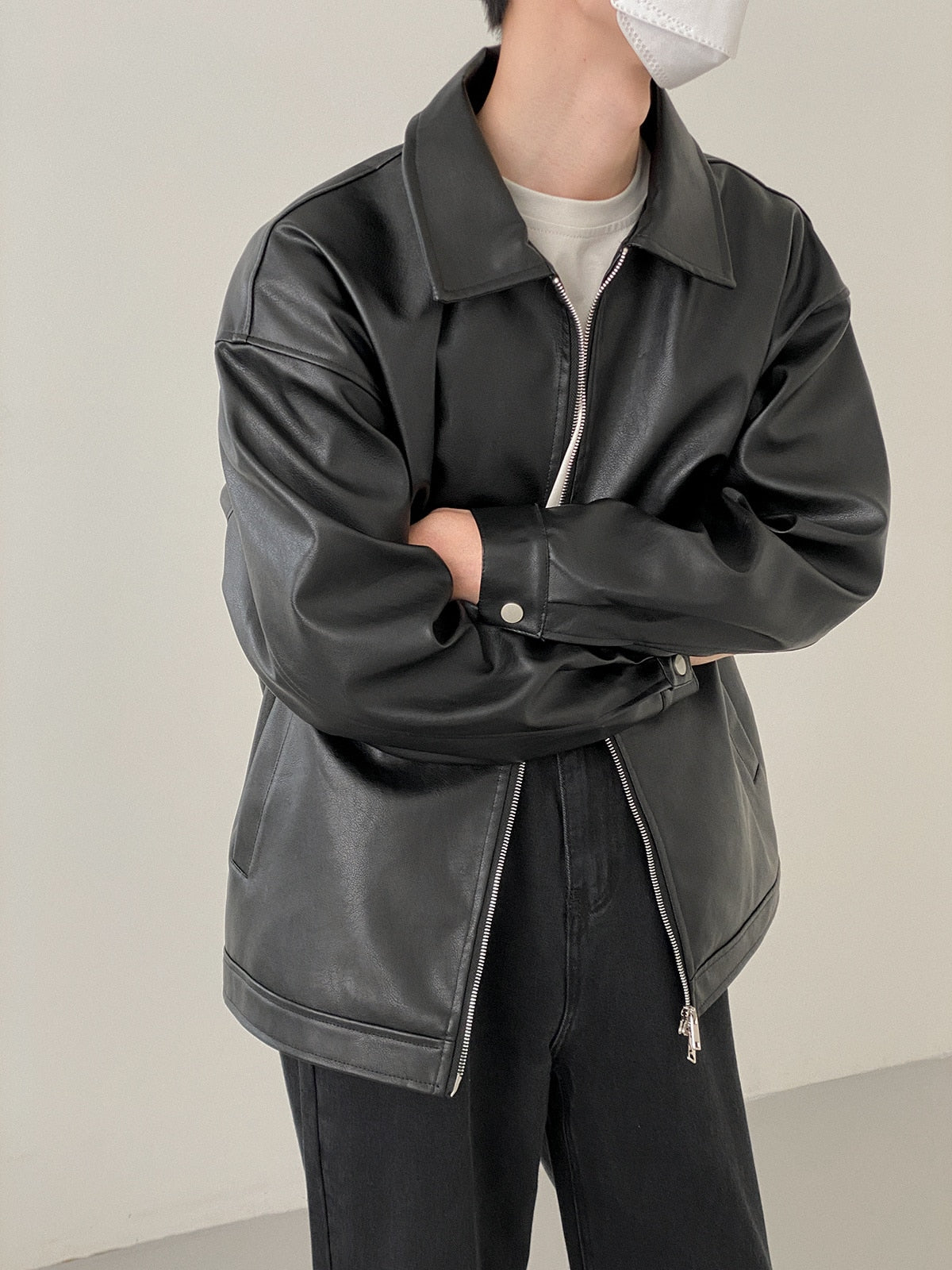BASIC COLLARED LEATHER JACKET - INTOHYPEZONE