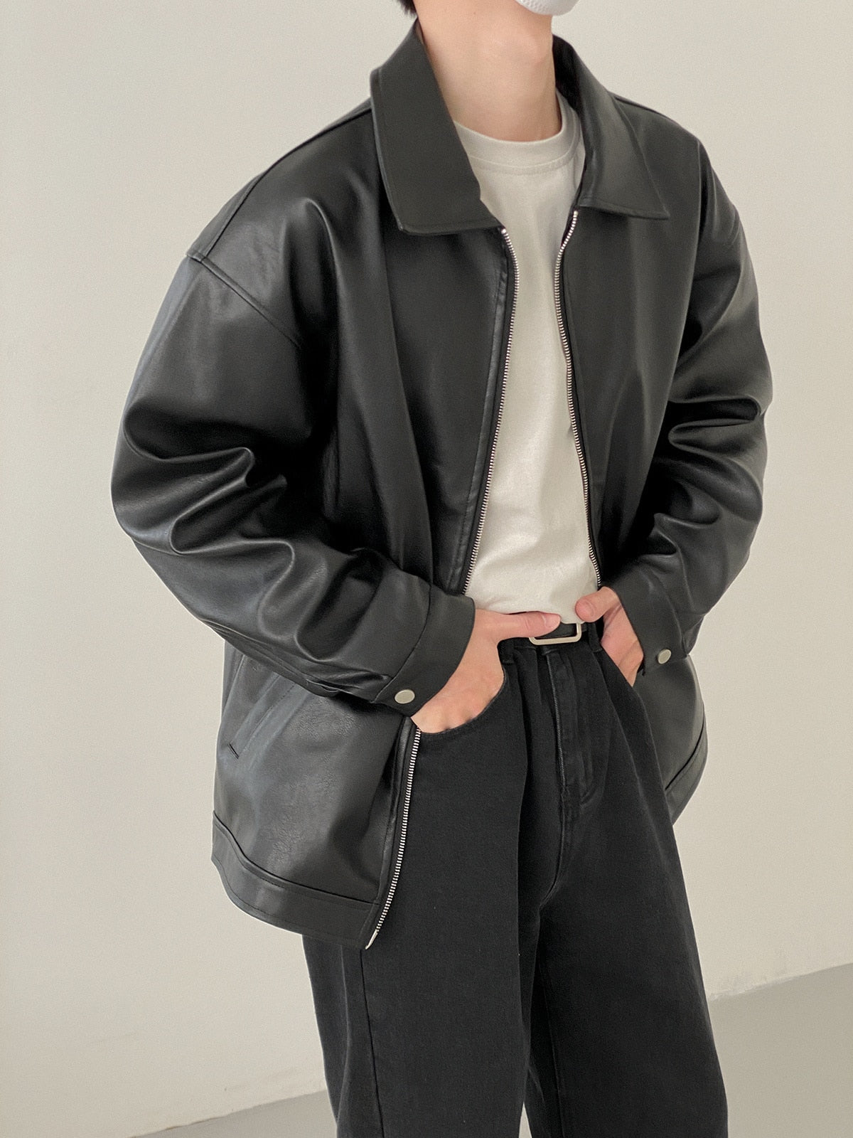 BASIC COLLARED LEATHER JACKET - INTOHYPEZONE