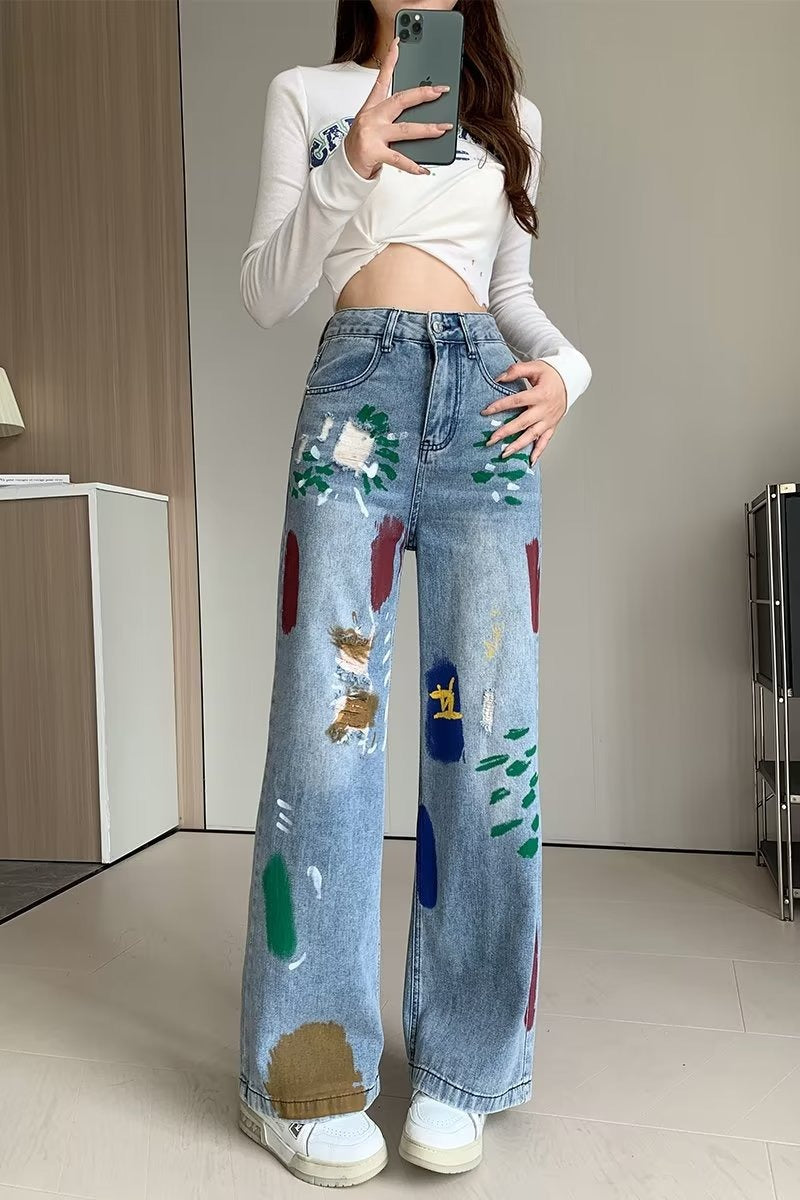 High Waist Print Straight Jeans Pants - INTOHYPEZONE