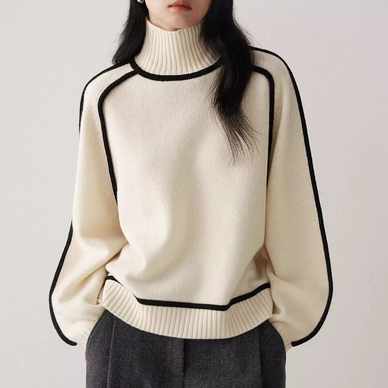 High Neck Contrast Line Knitted Sweater - INTOHYPEZONE