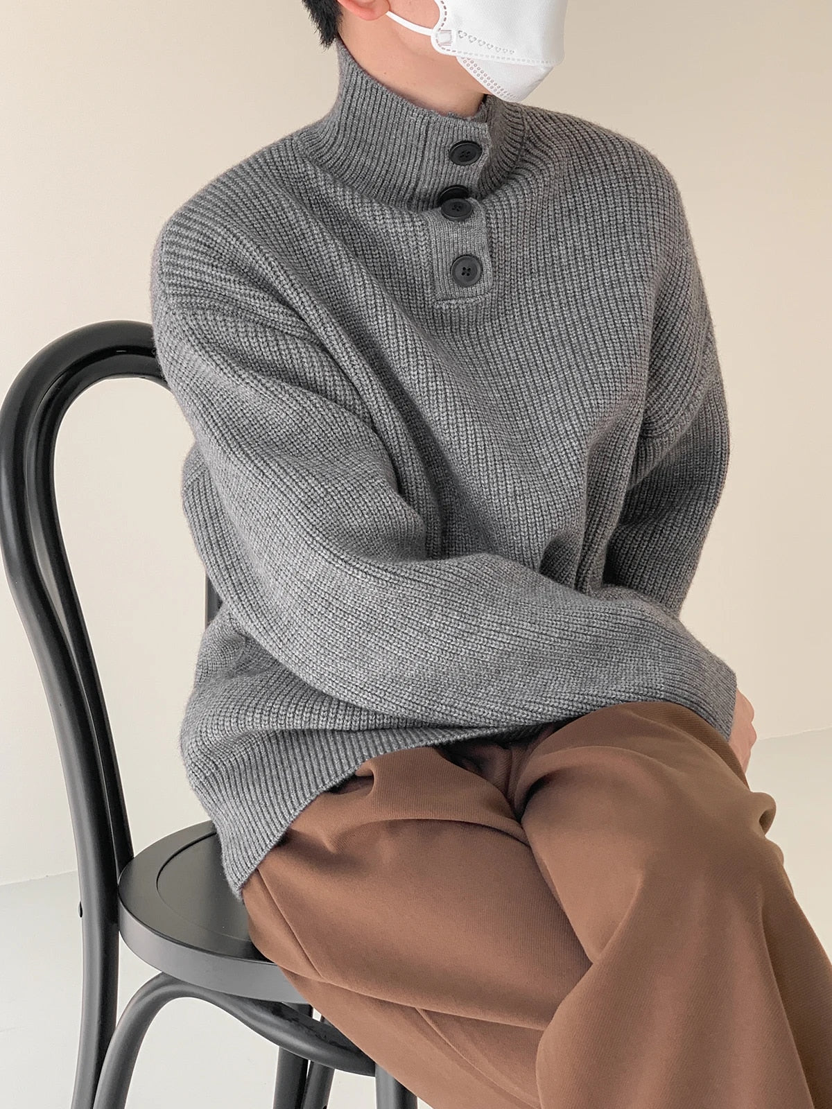 Button Turtleneck Pullover Sweater - INTOHYPEZONE