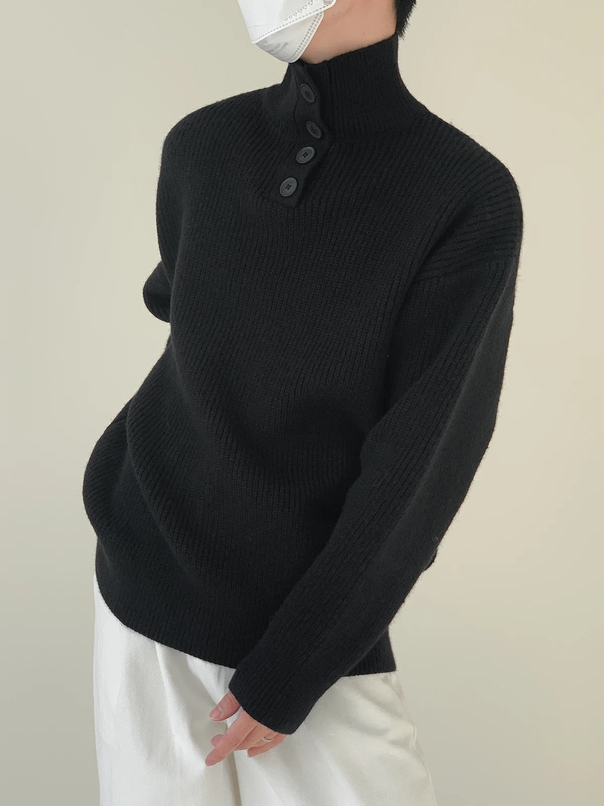 Button Turtleneck Pullover Sweater - INTOHYPEZONE