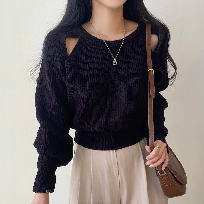 Hollow Out Knitted Long Sleeve Sweater - INTOHYPEZONE