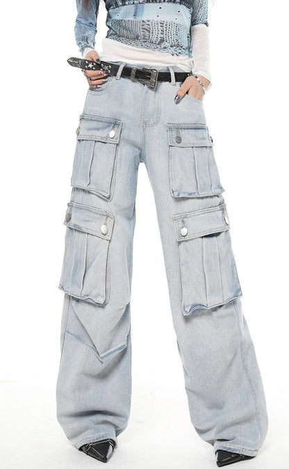 Light Blue Cargo Denim Jeans - INTOHYPEZONE