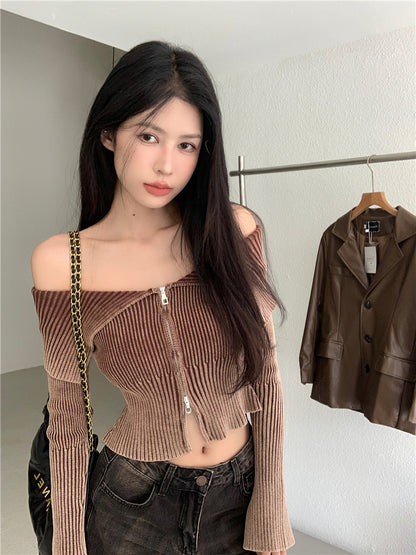 Off Shoulder Zip up Knitted Top - INTOHYPEZONE