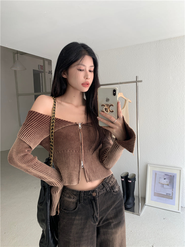 Off Shoulder Zip up Knitted Top - INTOHYPEZONE