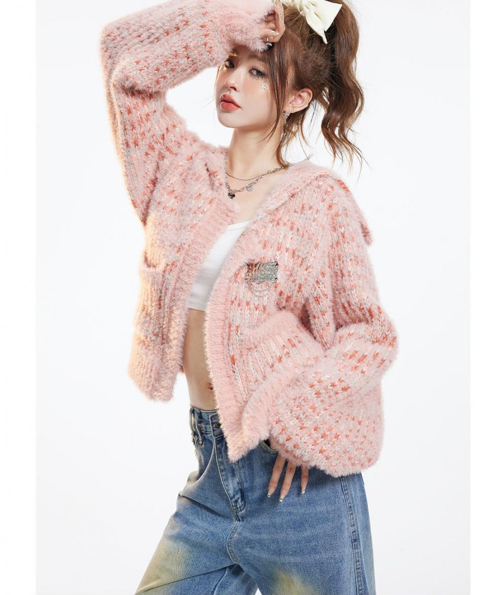 Pink Casual Appliques Knitted Long Sleeve Cardigan - INTOHYPEZONE