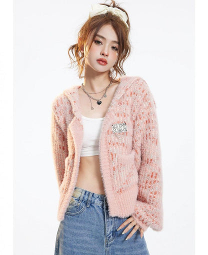Pink Casual Appliques Knitted Long Sleeve Cardigan - INTOHYPEZONE