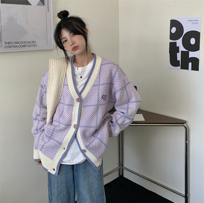 Purple Plaid Oversized Cardigan - INTOHYPEZONE