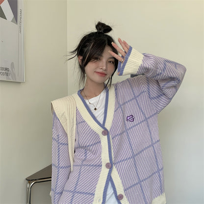 Purple Plaid Oversized Cardigan - INTOHYPEZONE