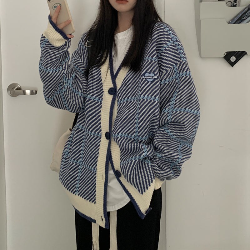 Purple Plaid Oversized Cardigan - INTOHYPEZONE