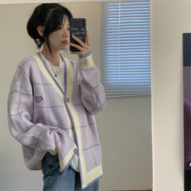 Purple Plaid Oversized Cardigan - INTOHYPEZONE