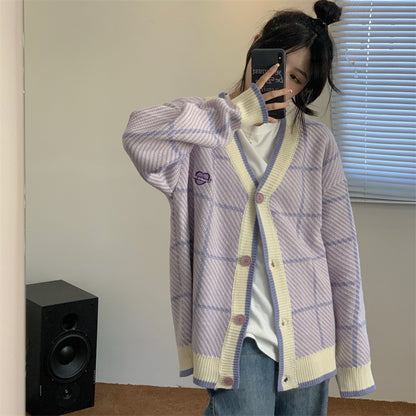 Purple Plaid Oversized Cardigan - INTOHYPEZONE