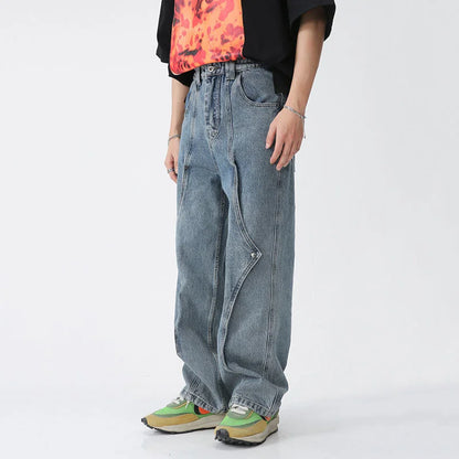 Structure Spliced Straight Denim Pants - INTOHYPEZONE