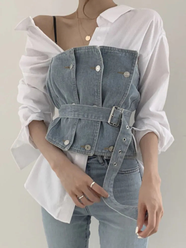 Solid Color Shirt + Sleeveless Belt Tube Denim Vest