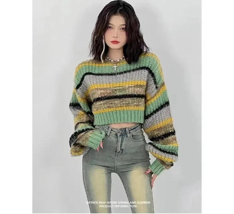 Striped Casual Knitted Crop Sweater - INTOHYPEZONE