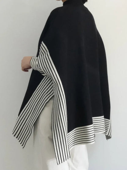 High Neck Striped Cape Short Sweater - INTOHYPEZONE