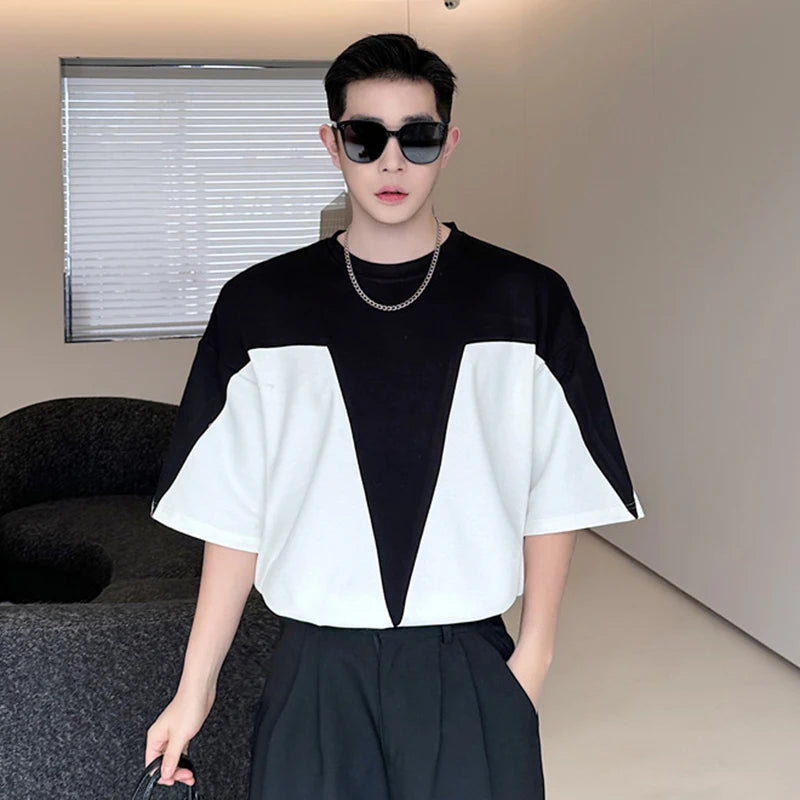 Black and White Contrast Crewneck T-shirt - INTOHYPEZONE