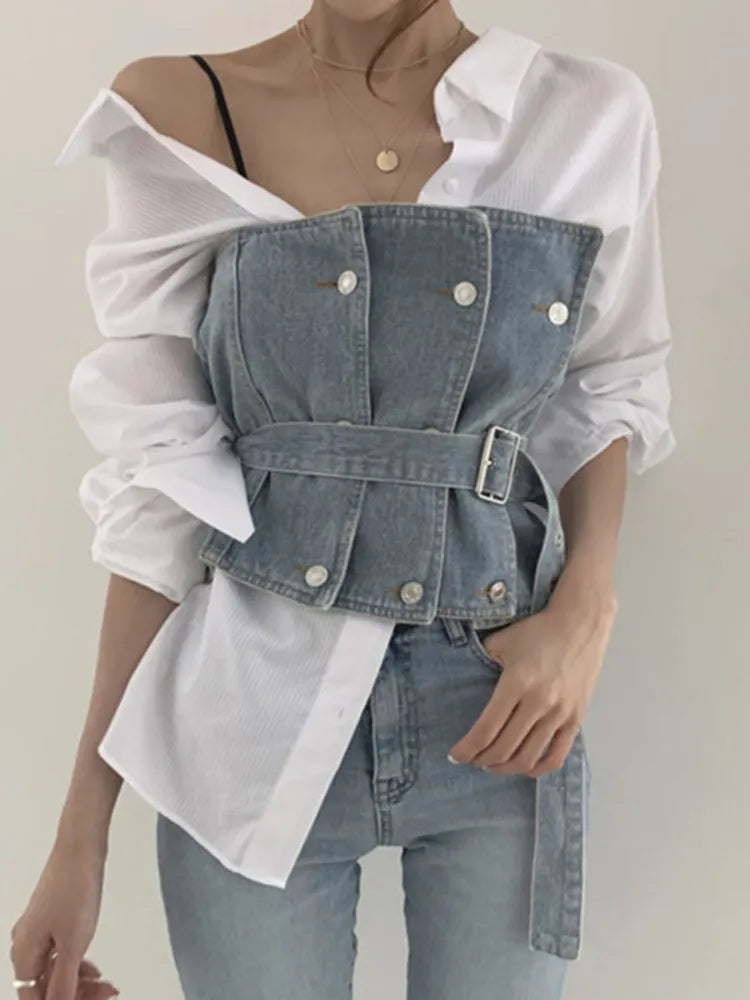 Solid Color Shirt + Sleeveless Belt Tube Denim Vest