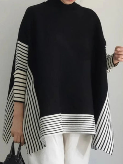 High Neck Striped Cape Short Sweater - INTOHYPEZONE