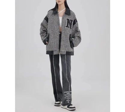 Houndstooth Letter Embroidered Oversized Zip Jacket - INTOHYPEZONE