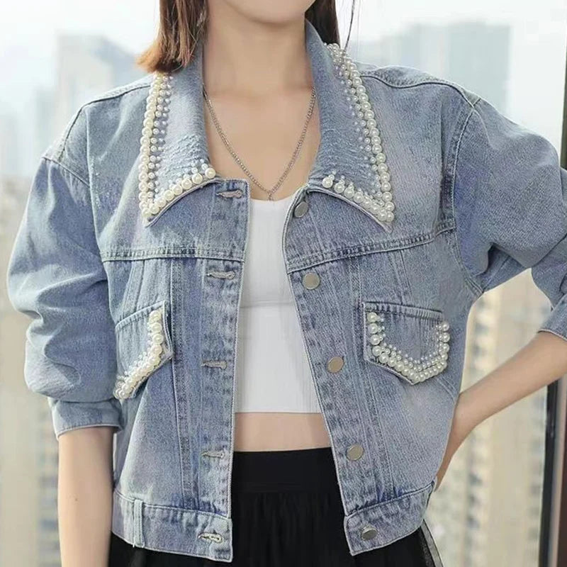 Pearl Cropped Denim Jacket - INTOHYPEZONE