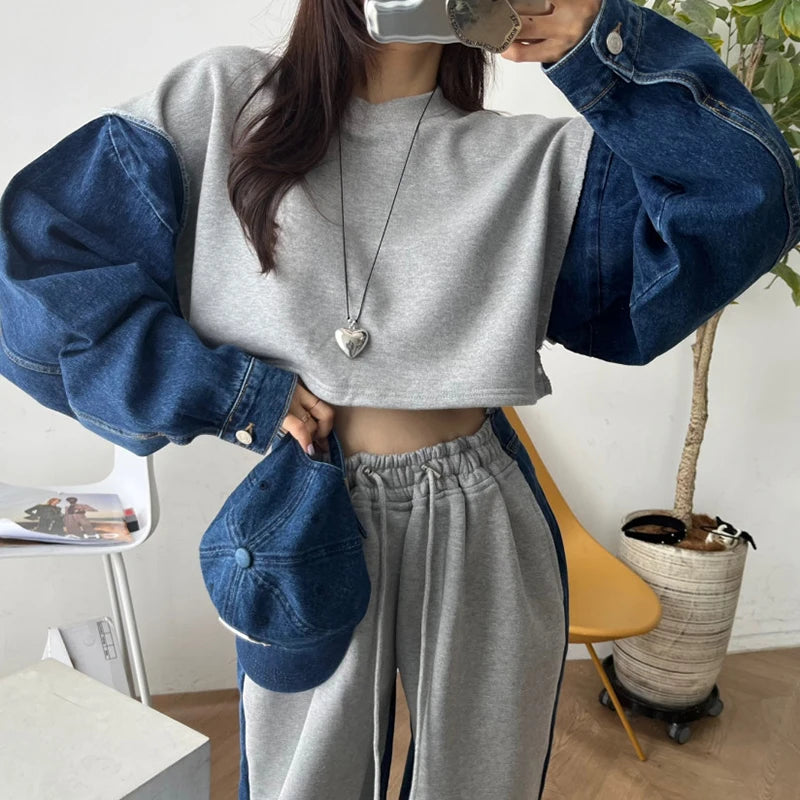 Long Sleeve Denim Patchwork Sweatshirts - INTOHYPEZONE